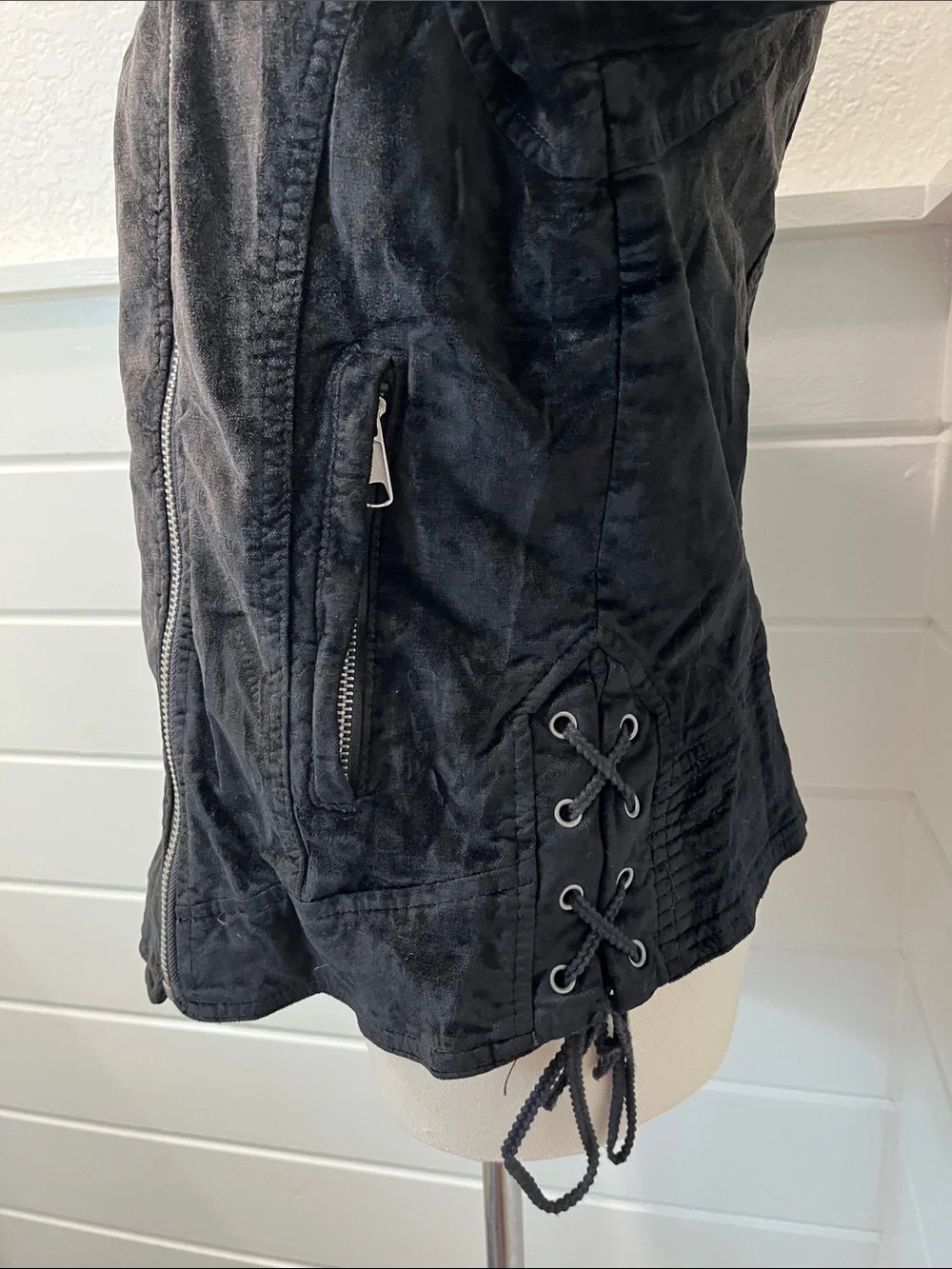 Free People Black Asymmetrical Zip Crushed Velvet-Look Jacket